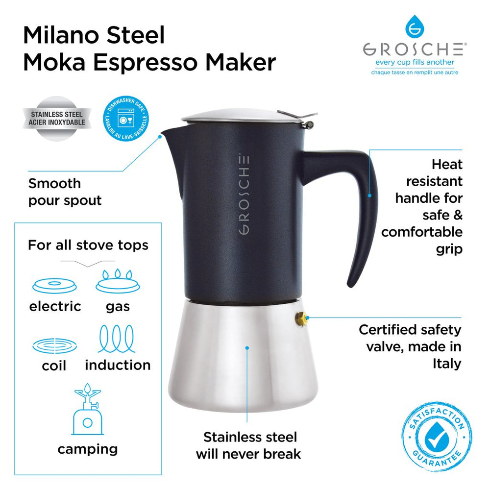 GROSCHE Milano Stovetop Espresso Maker Moka Pot 6 espresso Cup, 9.3 oz, Red  - Cuban Stove top coffee maker Moka Italian espresso greca coffee maker