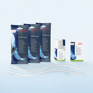 New JURA Care Kit Includes: (3) Claris Smart Filters (1) 3-phase cleaning tablets (6 pack) (1) 90g Milk system cleaning tabs (2) Silicone milk hoses