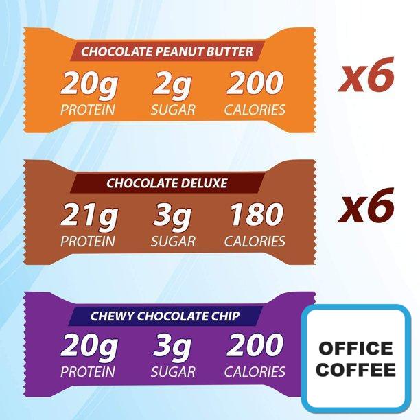 Pure Protein 6 Chewy Chocolate Chip - 6 Chocolate - 6 Chocolate Peanut Butter -  18 x 60gr (Office Coffee)